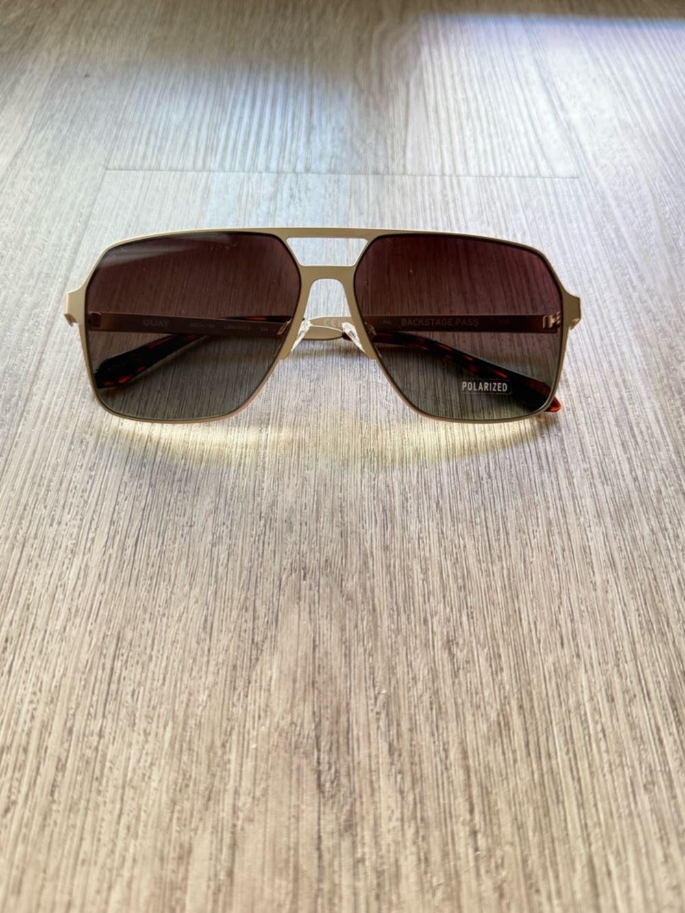 quay australia backstage pass gold brown polarized square aviator sunglasses NEW